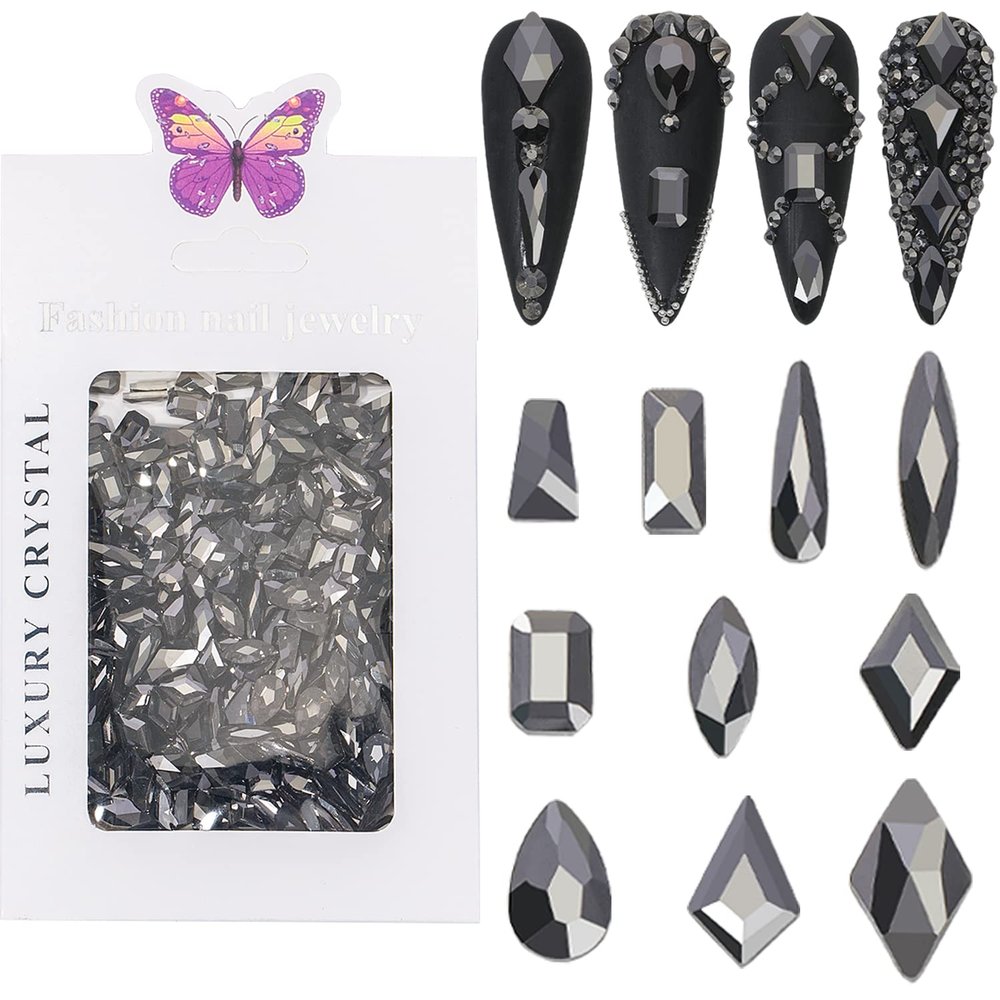 HNUIX Nail Rhinestones - 300pcs Crystals Black, Multiple Shape Gems, Flat Back Rhinestones, for Nail Art