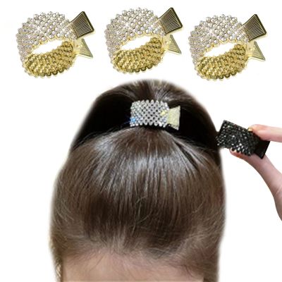 3 Pack Glitter Metal Hair Claw Clips with Rhinestones - Dressy Hair Rings for Long Ponytails and Braids (Gold)