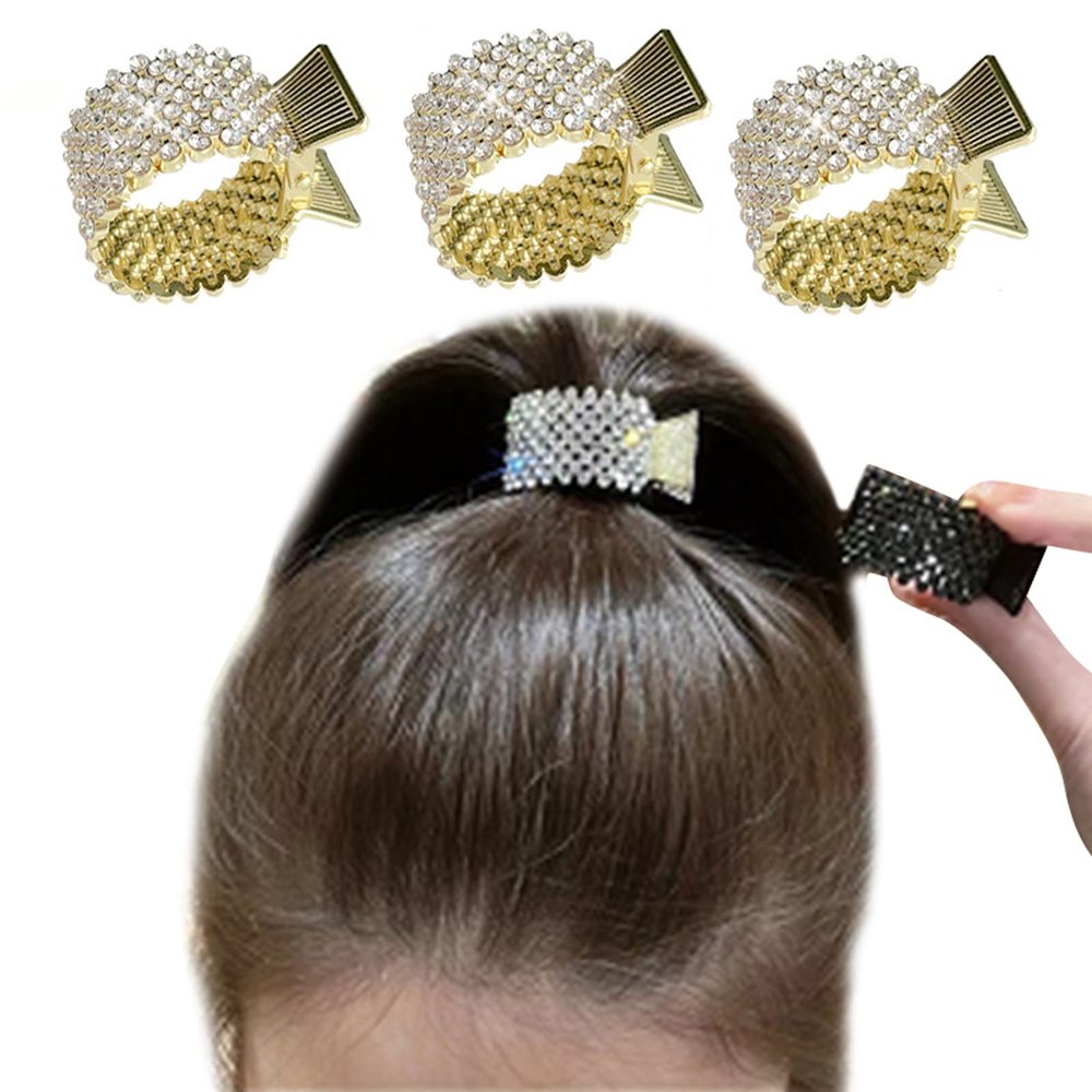 3 Pack Glitter Metal Hair Claw Clips with Rhinestones - Dressy Hair Rings for Long Ponytails and Braids (Gold)