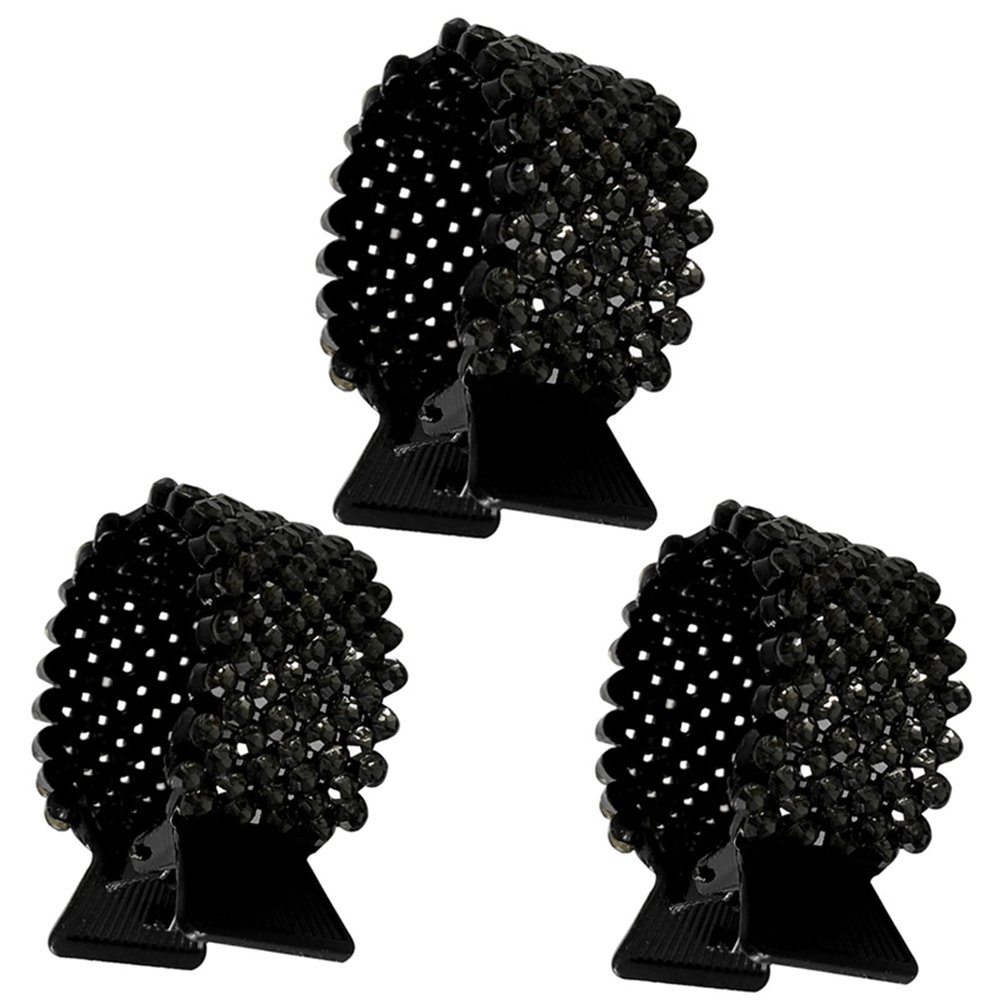 3 Pack Glitter Claw Clips for Long Hair - Metal Rhinestone Hair Rings with High Braids and Horsetail Buckles (Black)