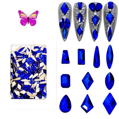 HNUIX Nail Rhinestones - 300pcs Blue, Multiple Shape Gems, Flat Back Rhinestones, for Nail Art