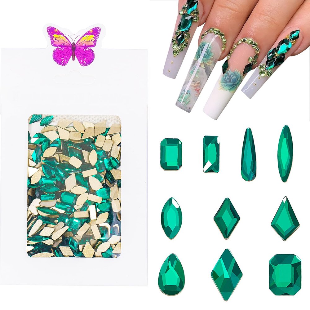 HNUIX Nail Rhinestones - 300pcs Green, Multiple Shape Gems, Flat Back Rhinestones, for Nail Art