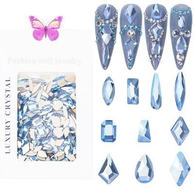 HNUIX Nail Rhinestones - 300pcs Aquamarine Crystals, Multiple Shape Gems, Flat Back Rhinestones, for Nail Art