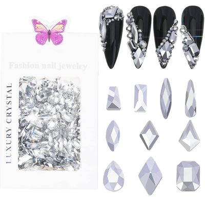 HNUIX Nail Rhinestones - 300pcs Silver, Multiple Shape Gems, Flat Back Rhinestones, for Nail Art