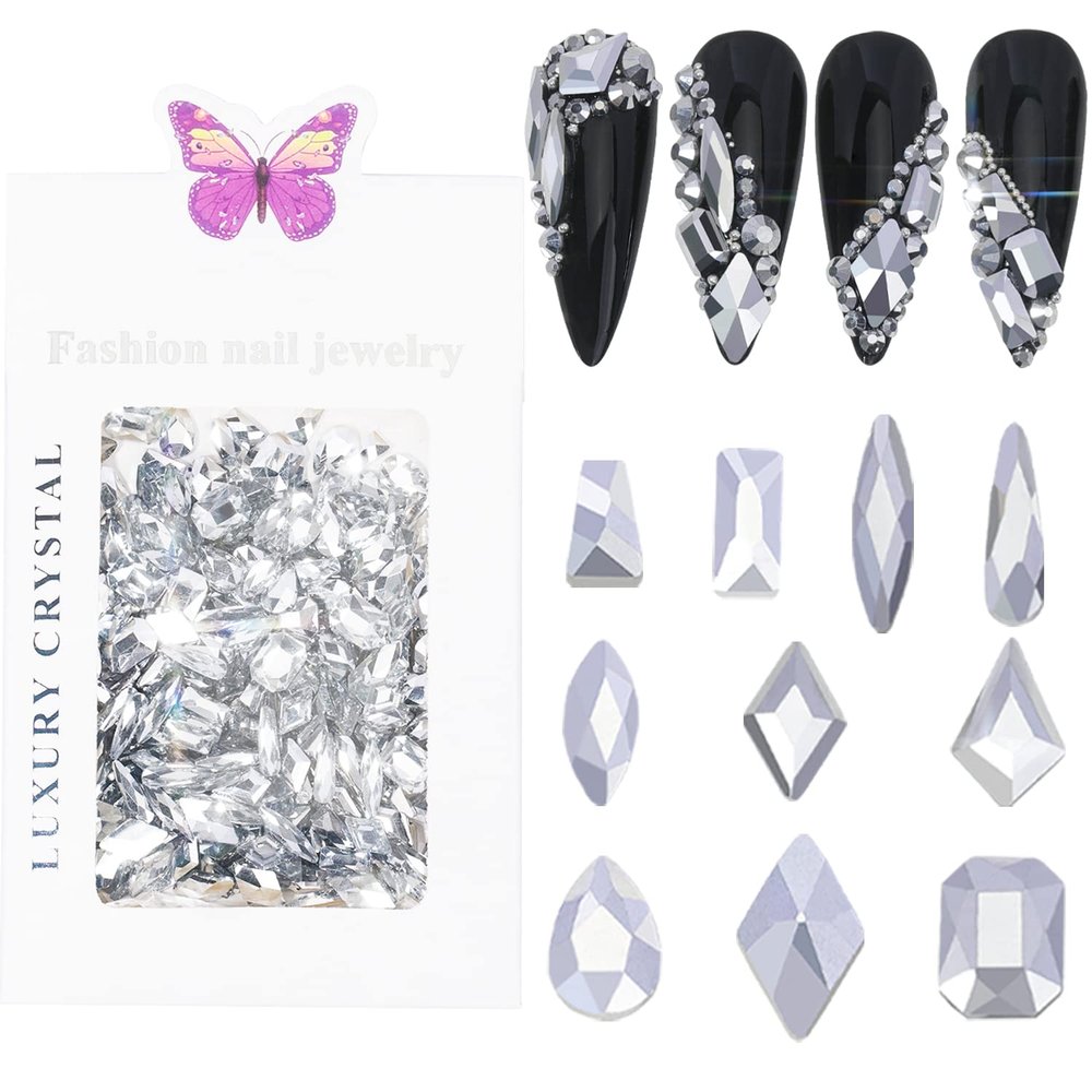 HNUIX Nail Rhinestones - 300pcs Silver, Multiple Shape Gems, Flat Back Rhinestones, for Nail Art