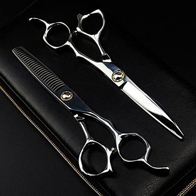 Hair Cutting Scissors, 6inch Professional Japan 440c steel cut hair scissors haircut scissor Curved thinning barber cutting shears hairdresser scissors set (Color : Set with case)