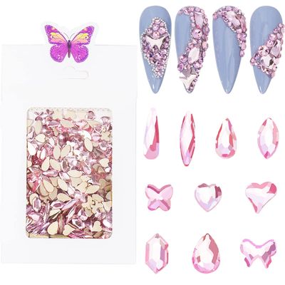 HNUIX Nail Rhinestones - 300pcs Crystals Pink, Multiple Shape Gems, Flat Back Rhinestones, for Nail Art