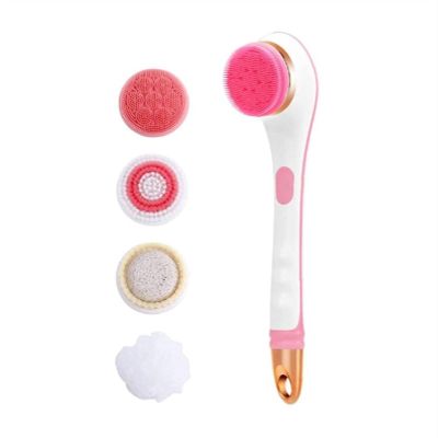 GIENEX Electric Shower Brush Rechargeable Rotating Long Handle Back Scrubber Suitable for Body Cleansing Exfoliation Waterproof and Non-Slip with 4 Types of Brush Heads