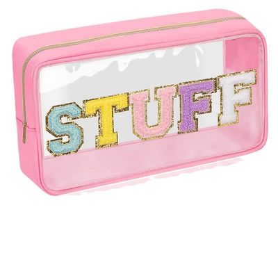 Chenille Letter Clear Makeup Bags Stuff Pouch, Preppy Patch Makeup Bag with Zipper, Transparent PVC & Nylon Waterproof Portable Glitter Cosmetic Bag Travel Toiletry Storage for Women Girls,Beach,Party (Pink (without embroidery))