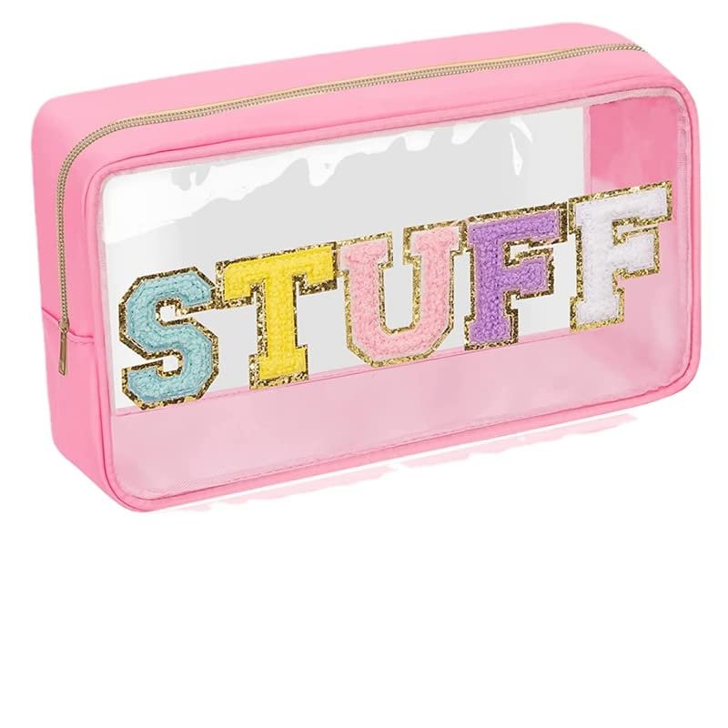 Chenille Letter Clear Makeup Bags Stuff Pouch, Preppy Patch Makeup Bag with Zipper, Transparent PVC & Nylon Waterproof Portable Glitter Cosmetic Bag Travel Toiletry Storage for Women Girls,Beach,Party (Pink (without embroidery))
