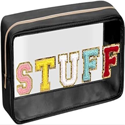 Chenille Letter Clear Makeup Bags Stuff Pouch, Preppy Patch Makeup Bag with Zipper, Transparent PVC & Nylon Waterproof Portable Glitter Cosmetic Bag Travel Toiletry Storage for Women