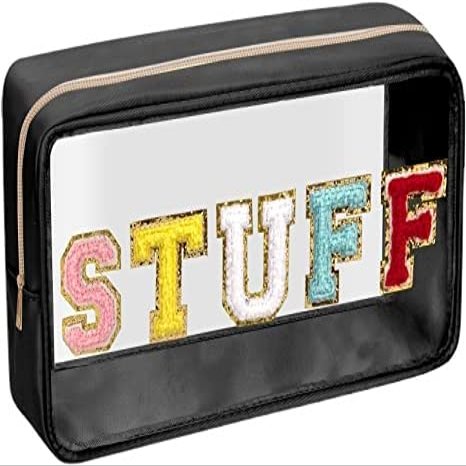 Chenille Letter Clear Makeup Bags Stuff Pouch, Preppy Patch Makeup Bag with Zipper, Transparent PVC & Nylon Waterproof Portable Glitter Cosmetic Bag Travel Toiletry Storage for Women