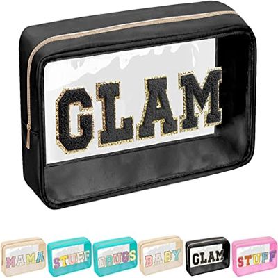 Chenille Letter Clear Makeup Bags Stuff Pouch, Preppy Patch Makeup Bag with Zipper, Transparent PVC & Nylon Waterproof Portable Glitter Cosmetic Bag Travel Toiletry Storage for Women Girls,Beach,Party (Black (without embroidery))