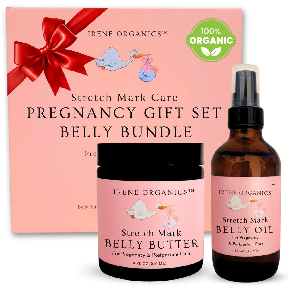 Belly Bundle by Irene Organics - Organic Belly Butter and Oil for Pregnancy Stretch Mark Prevention and Treatment - Award Winning Skincare For Pregnancy and Postpartum - Mother's Day Gift Set (Large)