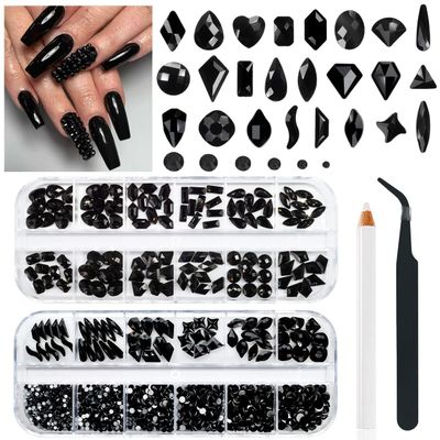 qiipii 24 Styles Jet Black Nail Rhinestones Multi Shapes Flatback Gems Round Beads K9 Glass Crystals Stones Diamonds Jewels Nail Art Charms Supplies for Nails Face Eyes Makeup Crafts Tumblers Bottles