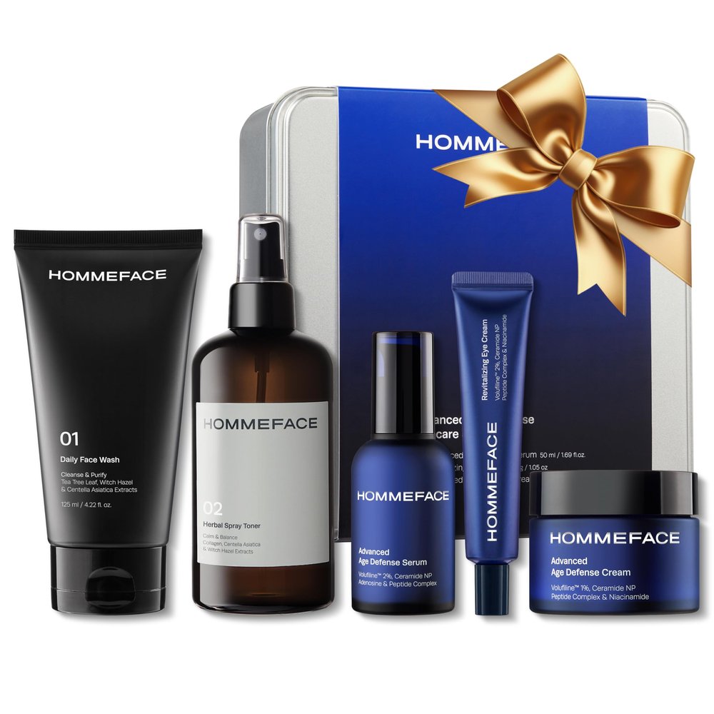 HommeFace Men's Daily Anti-Aging 5-Step Skincare Routine Bundle with Face Wash, Toner, Serum, Revitalizing Eye Cream, and Face Cream