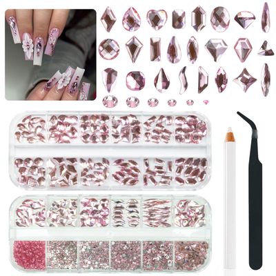 qiipii 24 Styles Light Pink Nail Rhinestones Crystals Multi Shapes Flatback Gems Round Beads K9 Glass Stones Diamonds Jewels Nail Art Charms Supplies for Nails Face Eyes Makeup Crafts DIY Tumblers