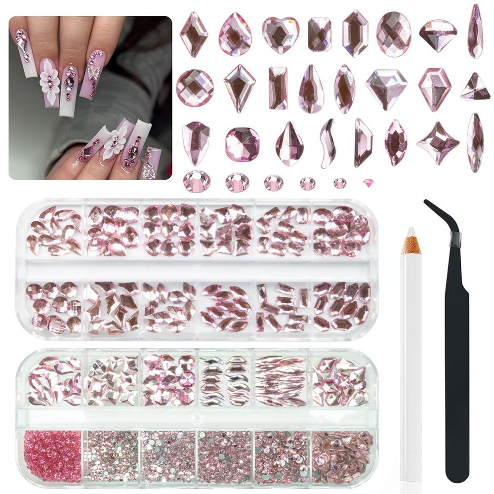 qiipii 24 Styles Light Pink Nail Rhinestones Crystals Multi Shapes Flatback Gems Round Beads K9 Glass Stones Diamonds Jewels Nail Art Charms Supplies for Nails Face Eyes Makeup Crafts DIY Tumblers