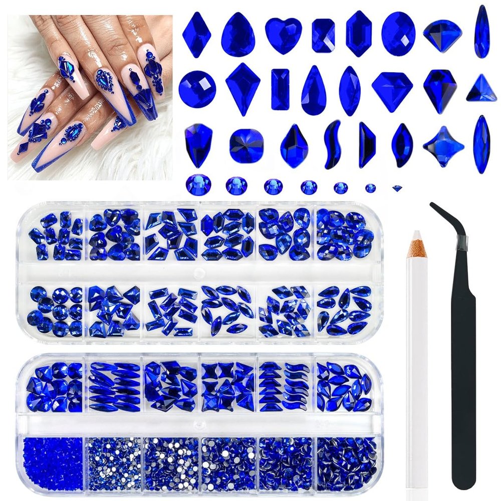 qiipii 24 Styles Royal Blue Nail Rhinestones Sapphire Multi Shapes Flatback K9 Glass Crystals Gems Stones Diamonds Jewels Nail Art Charms Supplies for Nails Face Eyes Makeup Crafts Tumblers Clothes