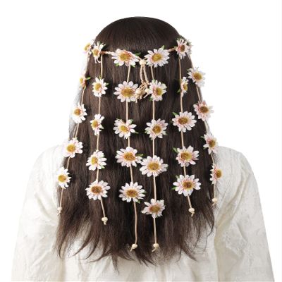 AWAYTR Flower Hippie Headband Floral Crown Behemain Sunflowers Beads Adjust Flower Headdress Hair Accessories (Light PInk Sunflower)
