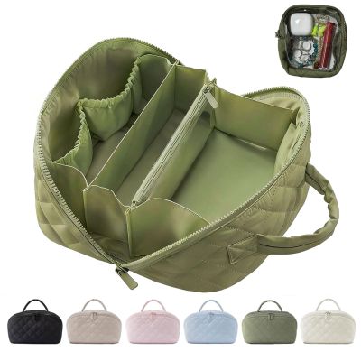 MINGRI Petition Makeup Bag for Travel,Women Cosmetic Bag Quilted Puffer Large Capacity 2Pcs Toiletry Bag Spacious 180Open Valentine's Day Gift for Toiletries & Brushes with CompartmentsOlive Green