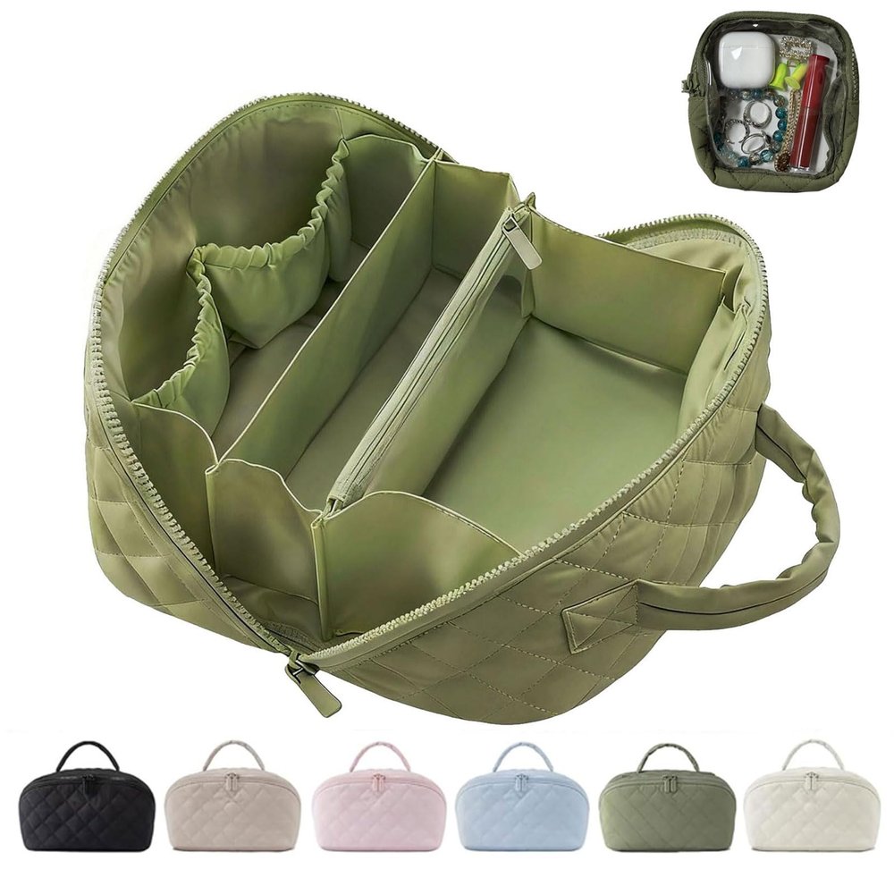 MINGRI Petition Makeup Bag for Travel,Women Cosmetic Bag Quilted Puffer Large Capacity 2Pcs Toiletry Bag Spacious 180Open Valentine's Day Gift for Toiletries & Brushes with CompartmentsOlive Green