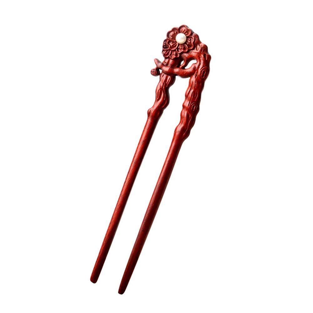 CHOISBEING Carved Wooden Hair Stick, 6.2 inches Rosewood Hair Pin for Women's Long Hair, Handmade Hair Fork with Plum Blossom and Pearl Design for Buns and Hair Styling