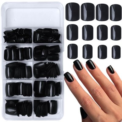Bellelfin 240pcs Short Press on Nails Black Full Cover Short Square Fake Nails Glossy Acrylic Artificial False Nail Tips with 5 Sheets Adhesive Glue Tabs for Women and Girls Fingernails Design