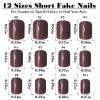 Bellelfin 240pcs Short Press on Nails Full Cover Short Square Fake Nails Brown Glossy Acrylic Artificial False Nail Tips with 5 Sheets Adhesive Glue Tabs for Women and Girls Fingernails Design view 3