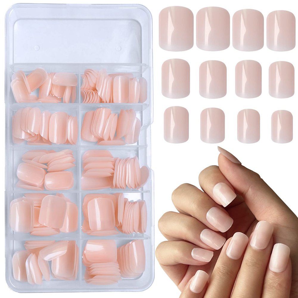 Bellelfin 240pcs Short Press on Nails Jelly Pink Full Cover Short Square Glossy Fake Nails Acrylic Artificial False Nail Tips with 5 Sheets Adhesive Glue Tabs for Women and Girls Fingernails Design