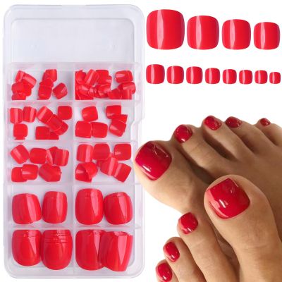 Bellelfin Press on Toenails 120pcs Short Square Fake Toenails Full Cover Hot Red Glossy Acrylic False Toe Nails Tips with 5 Sheets Adhesive Glue Tabs for Women and Girls Foot Decor