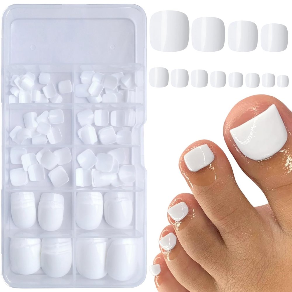 Bellelfin White Press on Toenails 120pcs Short Square Fake Toenails Full Cover Glossy Acrylic False Toe Nails Tips with 5 Sheets Adhesive Glue Tabs for Women and Girls Foot Decor