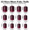 Bellelfin 240pcs Short Press on Nails Burgundy Full Cover Short Square Glossy Fake Nails Acrylic Artificial False Nail Tips with 5 Sheets Adhesive Glue Tabs for Women and Girls Fingernails Design view 4