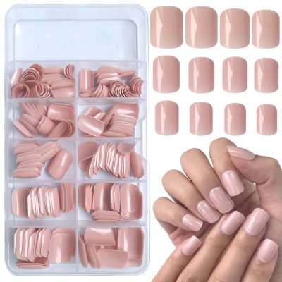 Bellelfin 240pcs Short Press on Nails Nude Pink Full Cover Short Square Glossy Fake Nails Acrylic Artificial False Nail Tips with 5 Sheets Adhesive Glue Tabs for Women and Girls Fingernails Design