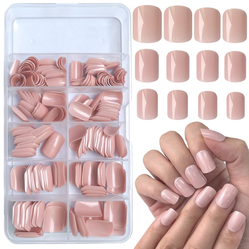 Bellelfin 240pcs Short Press on Nails Nude Pink Full Cover Short Square Glossy Fake Nails Acrylic Artificial False Nail Tips with 5 Sheets Adhesive Glue Tabs for Women and Girls Fingernails Design
