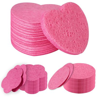 50 - Count Flower Compressed Facial Sponges + 50 - Count Heart Shape Face Sponge for Face Cleansing + 40 - Count Elliptical Shape Daily Spa Sponge, Pink