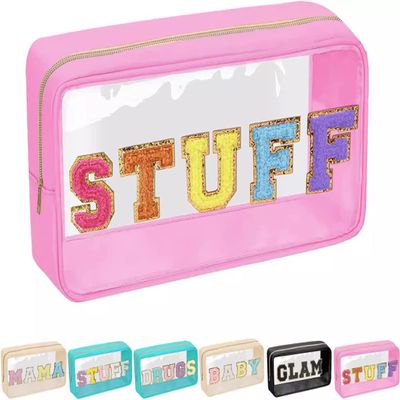 Nylon Pvc Chenille Letter Transparent Embroidery Cosmetic Bag Large Capacity Portable Travel Waterproof Wash Bag with Zipper for Women and Girls (Rose Red STUFF)