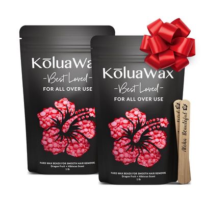 KoluaWax Hard Wax Beads for Hair Removal Coarse Hair Formula Face, Brazilian, Underarm, Back Chest, Bikini Waxing Dragon Fruit & Hibiscus 1lb Refill for Wax Warmers & 10 Applicator Sticks 2 Pack
