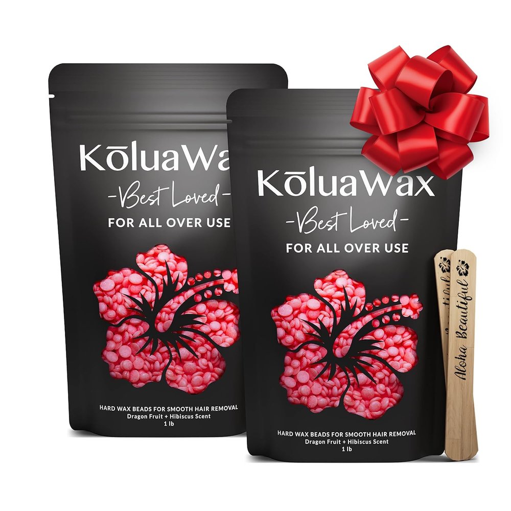 KoluaWax Hard Wax Beads for Hair Removal Coarse Hair Formula Face, Brazilian, Underarm, Back Chest, Bikini Waxing Dragon Fruit & Hibiscus 1lb Refill for Wax Warmers & 10 Applicator Sticks 2 Pack