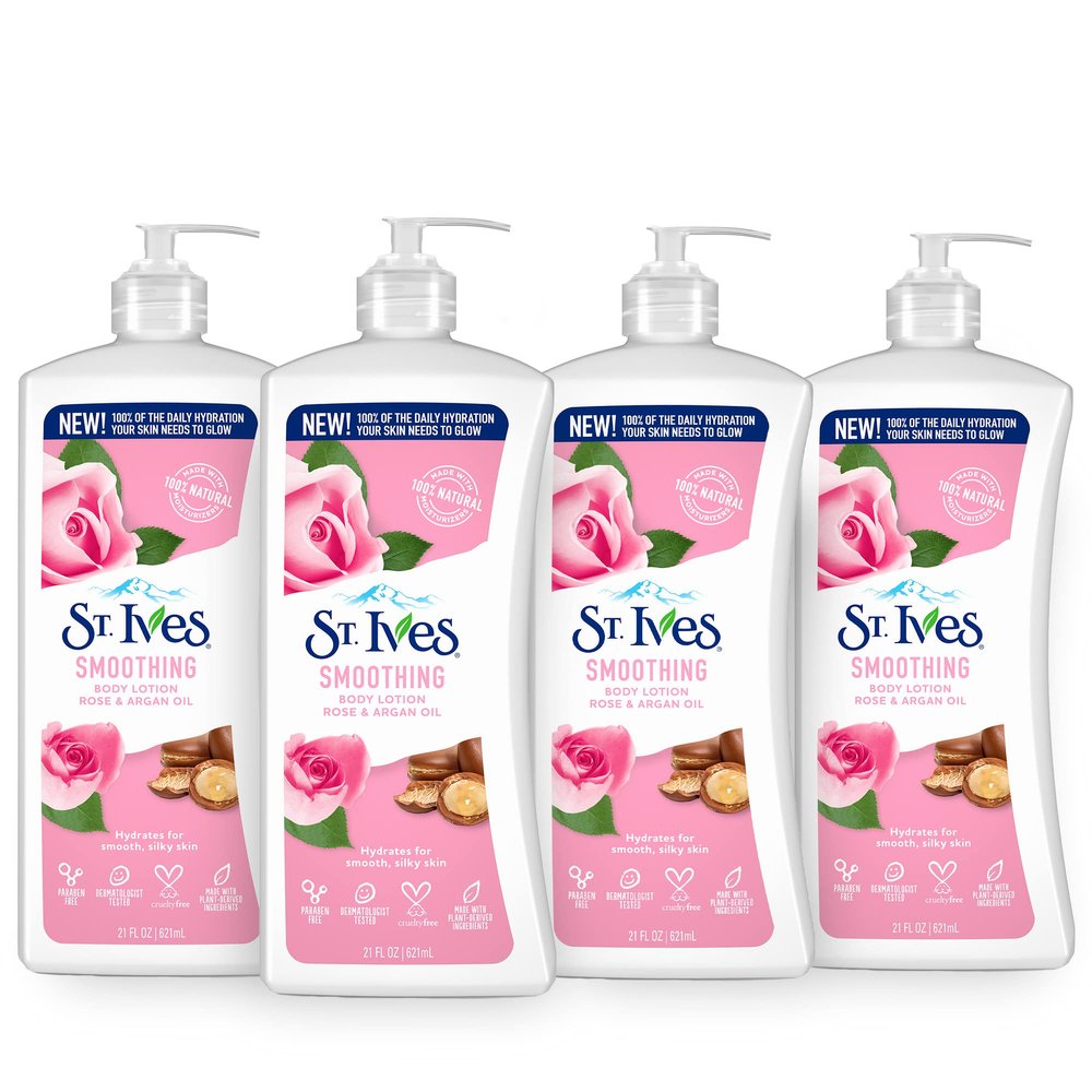St. Ives Smoothing Hand & Body Lotion for Women with Pump, Daily Moisturizer Rose and Argan Oil for Dry Skin, Made with 100% Natural Moisturizers, 21 fl oz, 4 Pack
