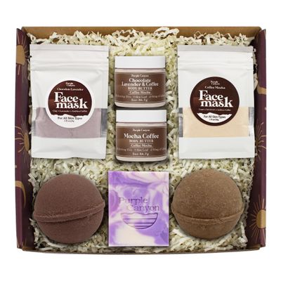 7 Piece Rich Coffee Mocha and Lavender Energizing Gift Box | Includes 2 Bath Bombs 2 Face Masks 2 Body Butters and Lavender Soap | Decadent Skin Care and Spa Gifts for Women to Restore and Revitalize