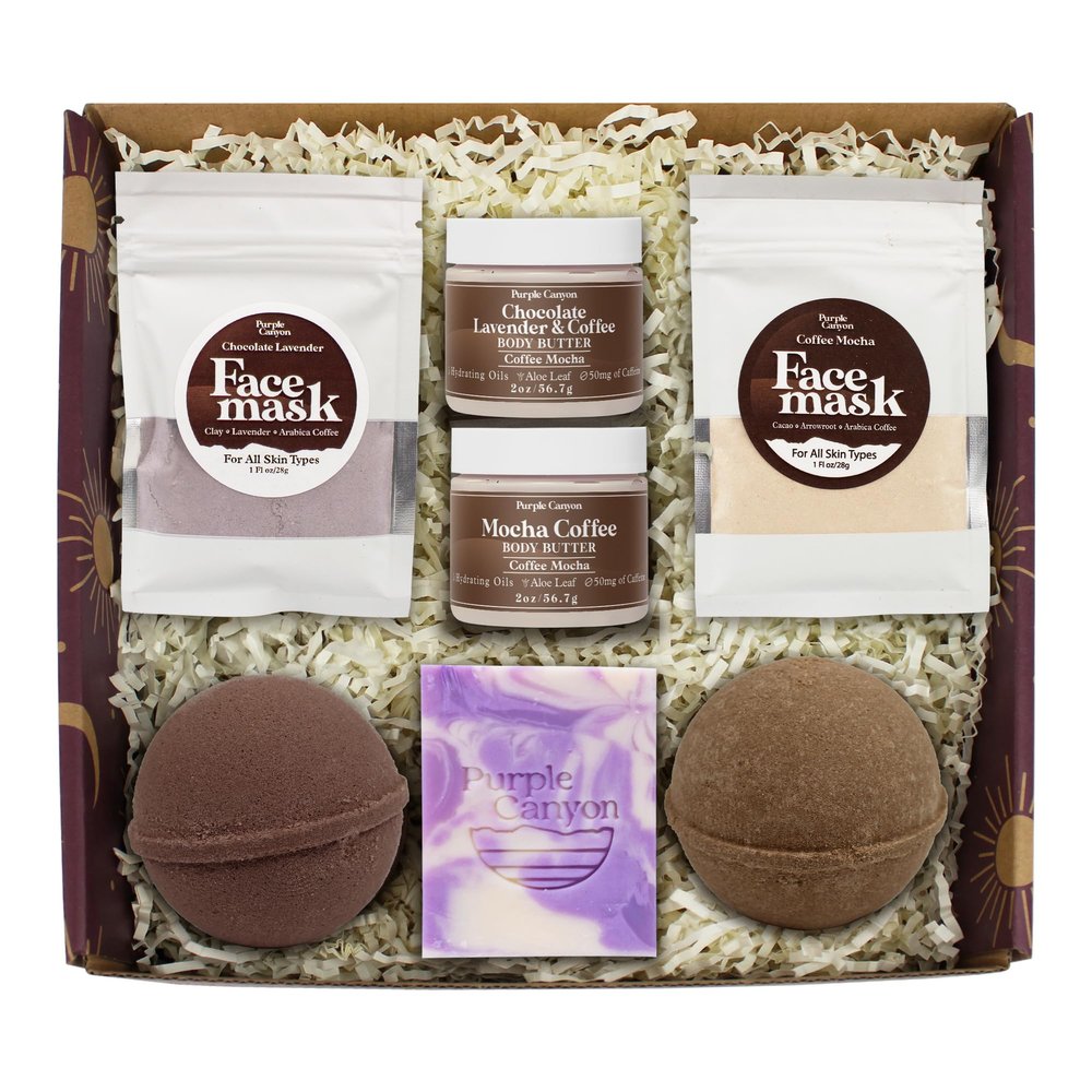 7 Piece Rich Coffee Mocha and Lavender Energizing Gift Box | Includes 2 Bath Bombs 2 Face Masks 2 Body Butters and Lavender Soap | Decadent Skin Care and Spa Gifts for Women to Restore and Revitalize