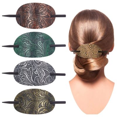 NICENEEDED 4Pcs Vintage Faux Leather Hair Accessories: Barrettes, Oval Ponytail Holders, Hair Slides for Women Girls