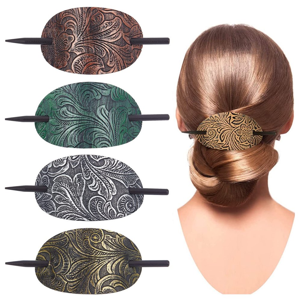 NICENEEDED 4Pcs Vintage Faux Leather Hair Accessories: Barrettes, Oval Ponytail Holders, Hair Slides for Women Girls