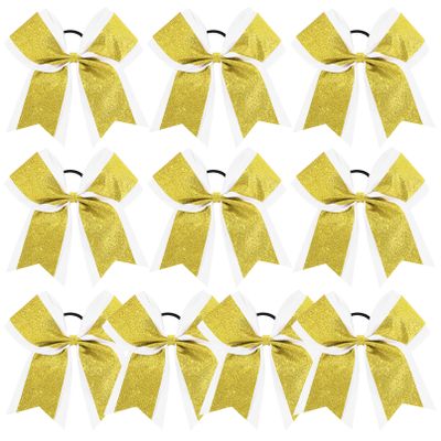 10PCS 8" Glitter Hair Bows for Girls - Gold Rhinestones Sequin Bows with Hair Ties, Perfect for School, Sports, Cheerleading