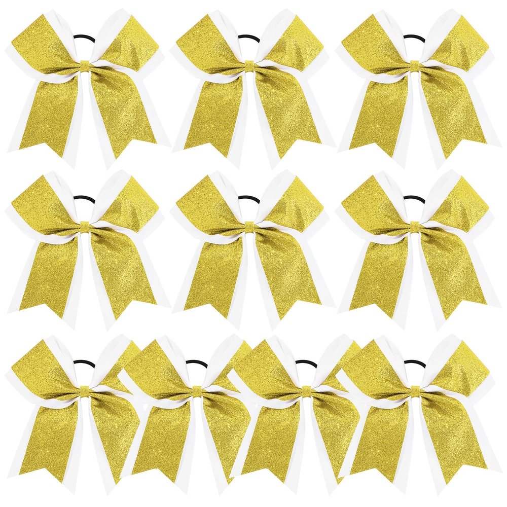 10PCS 8" Glitter Hair Bows for Girls - Gold Rhinestones Sequin Bows with Hair Ties, Perfect for School, Sports, Cheerleading