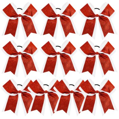 10PCS 8 Large Glitter Hair Bows with Rhinestones and Sequins - Red Hair Ties for Girls, Teens, Cheerleaders, Softball, Football, and Sports