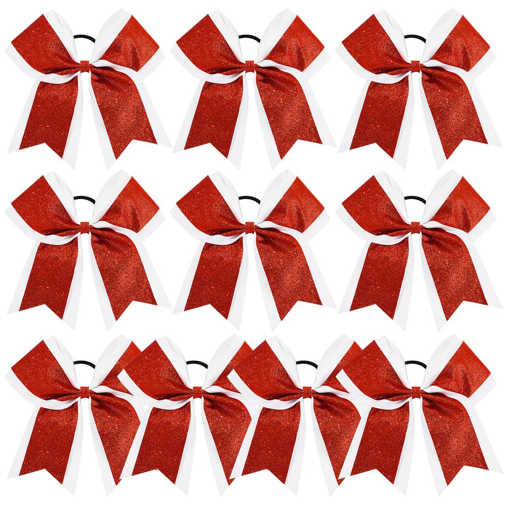 10PCS 8 Large Glitter Hair Bows with Rhinestones and Sequins - Red Hair Ties for Girls, Teens, Cheerleaders, Softball, Football, and Sports
