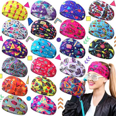 20 Pcs 80s 90s Neon Headbands for Women Retro Vintage Workout Headbands Fitness Accessories Non Slip Sports Sweatbands for Men Neon Elastic Hairband for Fitness Running Cycling Jogging Yoga Ski