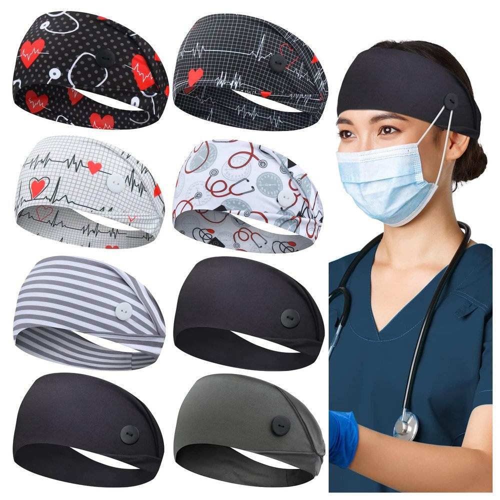 ABAMERICA Headbands with Button for Mask, Wide Nurses Headbands Non Slip Elastic Ear Protection for Women Men Doctors Sweatband Headband